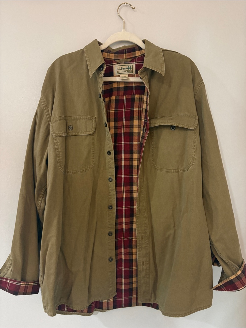 L.L. Bean Olive Green Button-Front Shirt Jacket with Red Plaid Lining